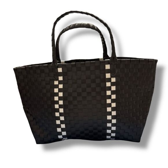 Kate Spade Large Black White Woven Tote Bag Top Handle Shopper - Picture 2 of 8